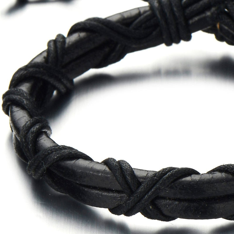 Interwoven Mens Black Leather Bracelet Double-row Wrap Bracelet Genuine Leather Wristband - COOLSTEELANDBEYOND Jewelry