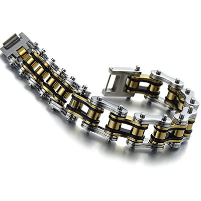 COOLSTEELANDBEYOND Masculine Mens Bike Chain Bracelet of Stainless Steel Two-Tone Polished - coolsteelandbeyond