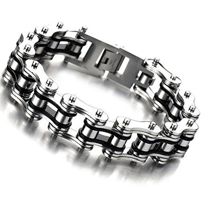 COOLSTEELANDBEYOND Masculine Mens Bike Chain Bracelet of Stainless Steel Two-Tone Polished - coolsteelandbeyond