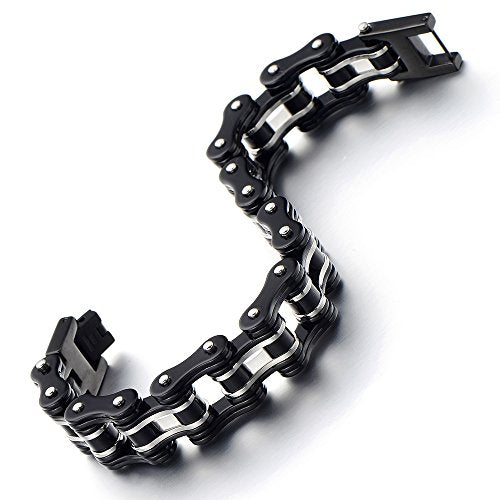 COOLSTEELANDBEYOND Masculine Mens Bike Chain Bracelet of Stainless Steel Two-Tone Polished - coolsteelandbeyond