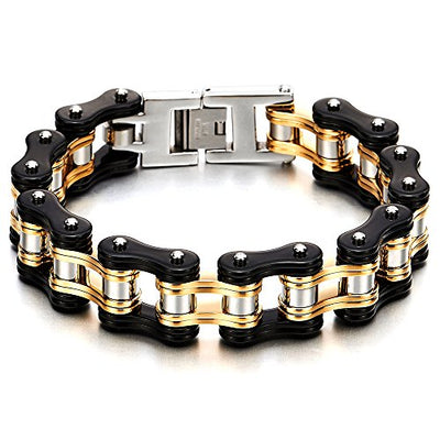 COOLSTEELANDBEYOND Masculine Mens Bike Chain Bracelet of Stainless Steel Two-Tone Polished - coolsteelandbeyond