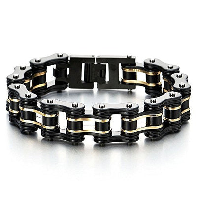 COOLSTEELANDBEYOND Masculine Mens Bike Chain Bracelet of Stainless Steel Two-Tone Polished - coolsteelandbeyond