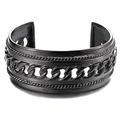 Masculine Wide Steel Cuff Bangle Bracelet for Men Women with Curb Chain Ornament - COOLSTEELANDBEYOND Jewelry