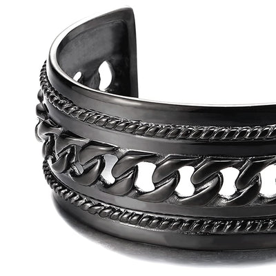 Masculine Wide Steel Cuff Bangle Bracelet for Men Women with Curb Chain Ornament - COOLSTEELANDBEYOND Jewelry