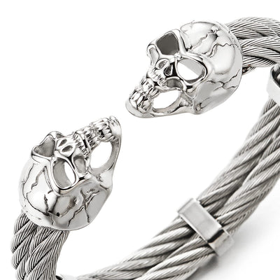Men Steel Crack Skull Two-row Cuff Bangle Bracelet, Polished, Elastic Adjustable - COOLSTEELANDBEYOND Jewelry