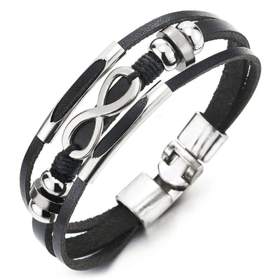 Men Women Infinity Love Number 8 Black Leather Bracelet Three-Row Leather Wristband Bead Tunnel Charm - COOLSTEELANDBEYOND Jewelry
