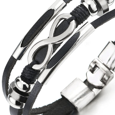 Men Women Infinity Love Number 8 Black Leather Bracelet Three-Row Leather Wristband Bead Tunnel Charm - COOLSTEELANDBEYOND Jewelry