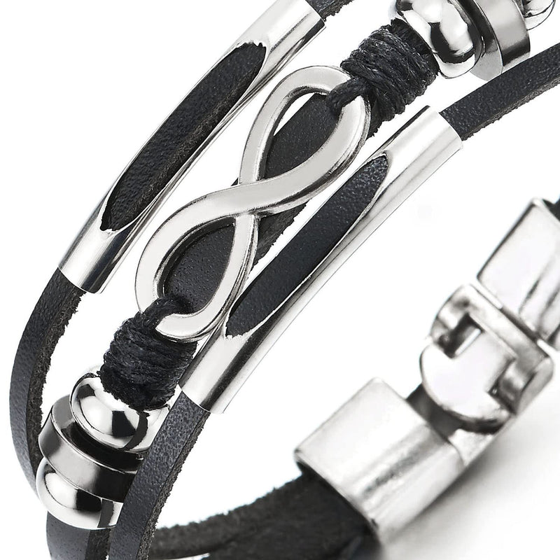Men Women Infinity Love Number 8 Black Leather Bracelet Three-Row Leather Wristband Bead Tunnel Charm - COOLSTEELANDBEYOND Jewelry