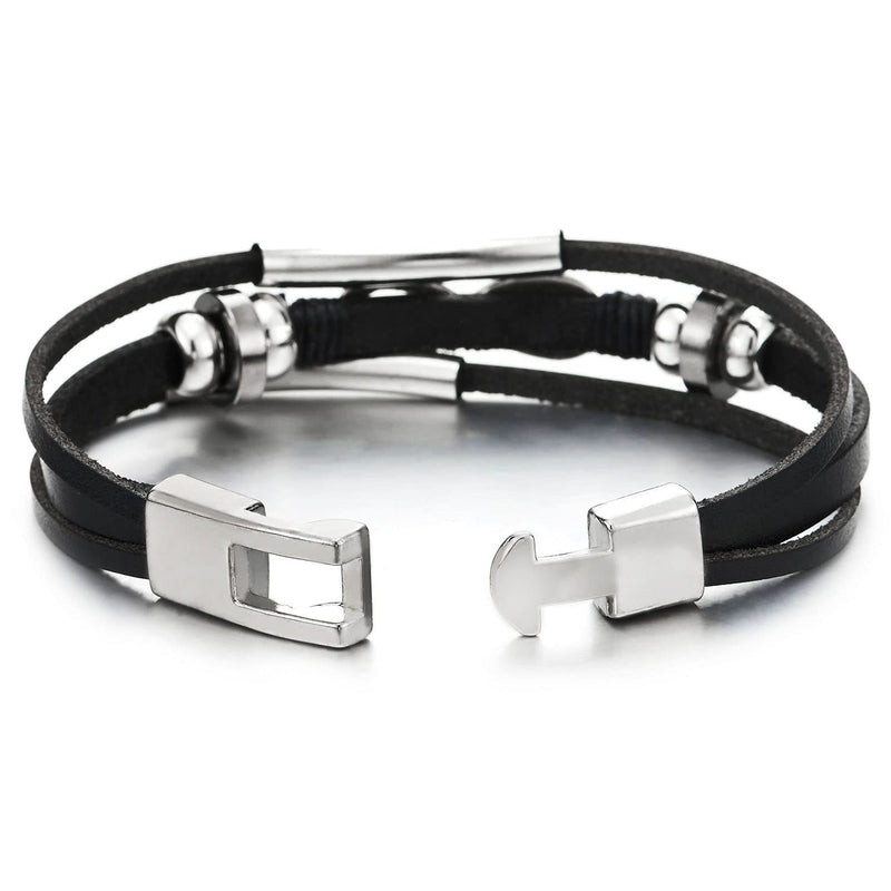 Men Women Infinity Love Number 8 Black Leather Bracelet Three-Row Leather Wristband Bead Tunnel Charm - COOLSTEELANDBEYOND Jewelry