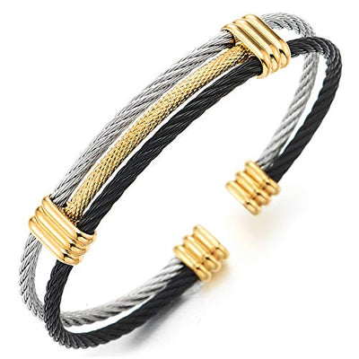 COOLSTEELANDBEYOND Men Women Stainless Steel Twisted Cable Adjustable Cuff Bangle Bracelet - coolsteelandbeyond