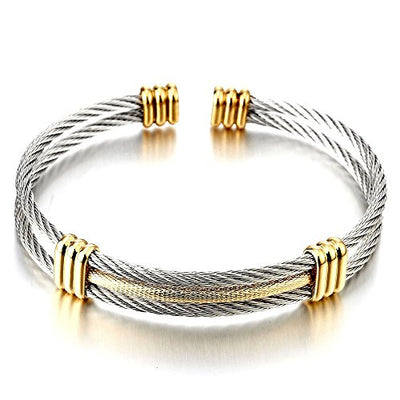 COOLSTEELANDBEYOND Men Women Stainless Steel Twisted Cable Adjustable Cuff Bangle Bracelet - coolsteelandbeyond