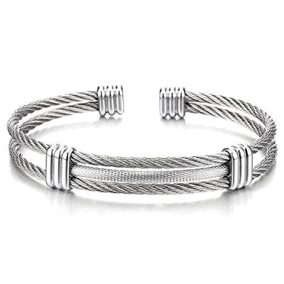 COOLSTEELANDBEYOND Men Women Stainless Steel Twisted Cable Adjustable Cuff Bangle Bracelet - coolsteelandbeyond