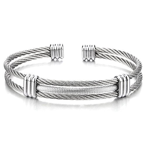COOLSTEELANDBEYOND Men Women Stainless Steel Twisted Cable Adjustable Cuff Bangle Bracelet - coolsteelandbeyond