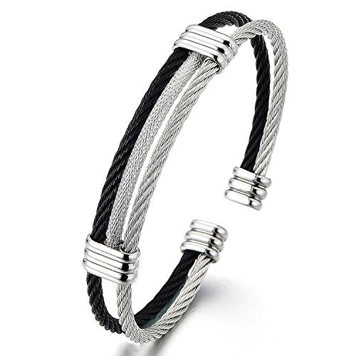 COOLSTEELANDBEYOND Men Women Stainless Steel Twisted Cable Adjustable Cuff Bangle Bracelet - coolsteelandbeyond