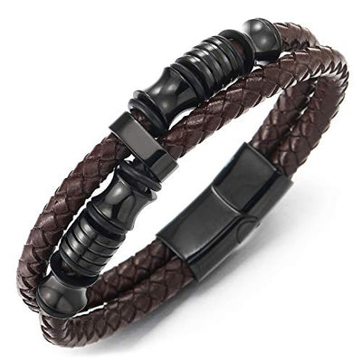 COOLSTEELANDBEYOND Mens Double-Row Black Braided Leather Bracelet Bangle Wristband with Black Stainless Steel Ornaments - coolsteelandbeyond