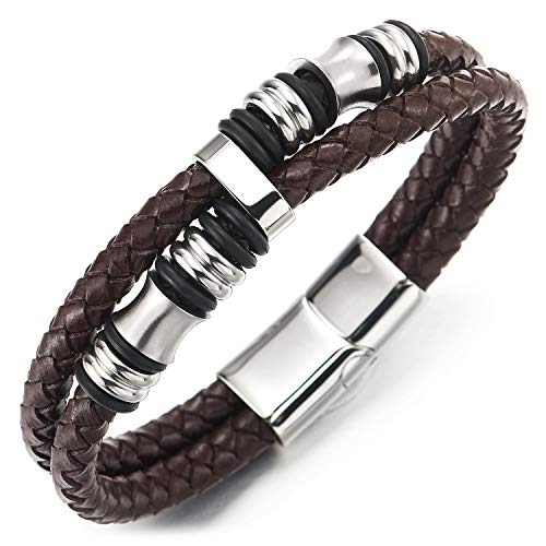 COOLSTEELANDBEYOND Mens Double-Row Black Braided Leather Bracelet Bangle Wristband with Black Stainless Steel Ornaments - coolsteelandbeyond