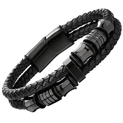 COOLSTEELANDBEYOND Mens Double-Row Black Braided Leather Bracelet Bangle Wristband with Black Stainless Steel Ornaments - coolsteelandbeyond