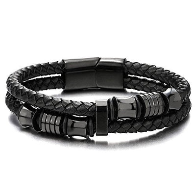 COOLSTEELANDBEYOND Mens Double-Row Black Braided Leather Bracelet Bangle Wristband with Black Stainless Steel Ornaments - coolsteelandbeyond