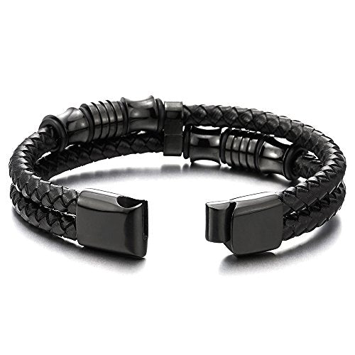 COOLSTEELANDBEYOND Mens Double-Row Black Braided Leather Bracelet Bangle Wristband with Black Stainless Steel Ornaments - coolsteelandbeyond