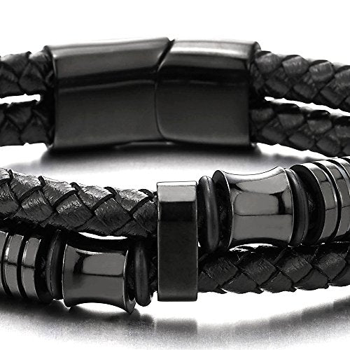 COOLSTEELANDBEYOND Mens Double-Row Black Braided Leather Bracelet Bangle Wristband with Black Stainless Steel Ornaments - coolsteelandbeyond