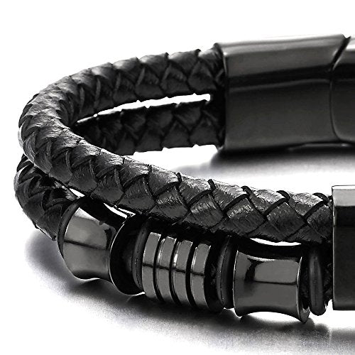 COOLSTEELANDBEYOND Mens Double-Row Black Braided Leather Bracelet Bangle Wristband with Black Stainless Steel Ornaments - coolsteelandbeyond