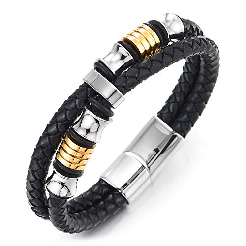 COOLSTEELANDBEYOND Mens Double-Row Black Braided Leather Bracelet Bangle Wristband with Black Stainless Steel Ornaments - coolsteelandbeyond