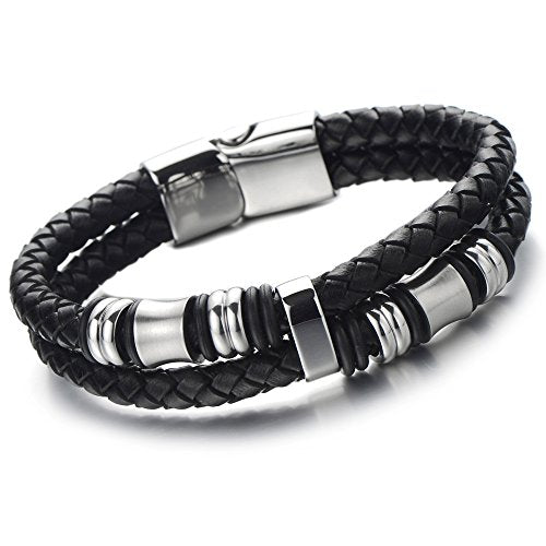 COOLSTEELANDBEYOND Mens Double-Row Black Braided Leather Bracelet Bangle Wristband with Black Stainless Steel Ornaments - coolsteelandbeyond