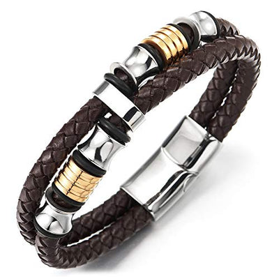 COOLSTEELANDBEYOND Mens Double-Row Black Braided Leather Bracelet Bangle Wristband with Black Stainless Steel Ornaments - coolsteelandbeyond