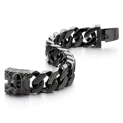 COOLSTEELANDBEYOND Mens Large Stainless Steel Curb Chain Bracelet with Fleur De Lis and Skull, Biker Gothic, Polished - coolsteelandbeyond