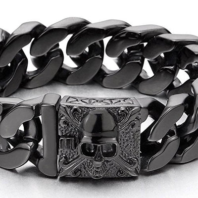 COOLSTEELANDBEYOND Mens Large Stainless Steel Curb Chain Bracelet with Fleur De Lis and Skull, Biker Gothic, Polished - coolsteelandbeyond