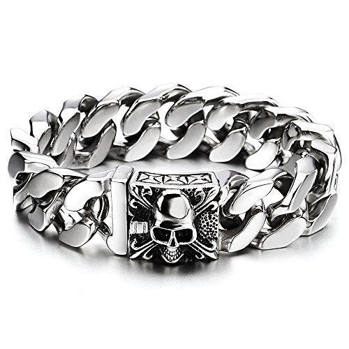 COOLSTEELANDBEYOND Mens Large Stainless Steel Curb Chain Bracelet with Fleur De Lis and Skull, Biker Gothic, Polished - coolsteelandbeyond