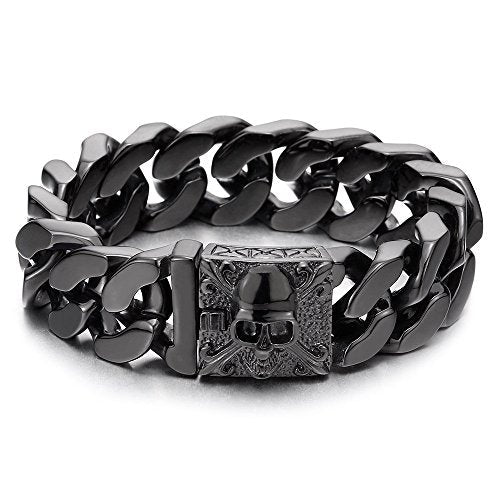 COOLSTEELANDBEYOND Mens Large Stainless Steel Curb Chain Bracelet with Fleur De Lis and Skull, Biker Gothic, Polished - coolsteelandbeyond