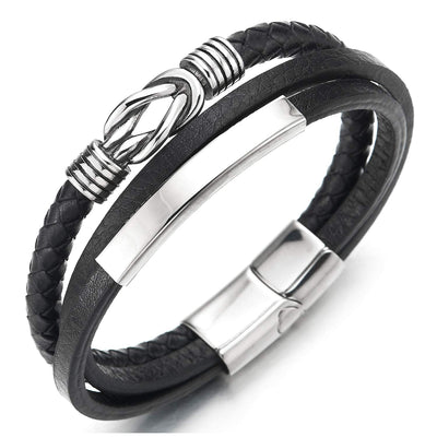 Mens Women Three-Strand ID Identification Black Leather Bracelet Bangle with Steel Love Knot Charm - coolsteelandbeyond