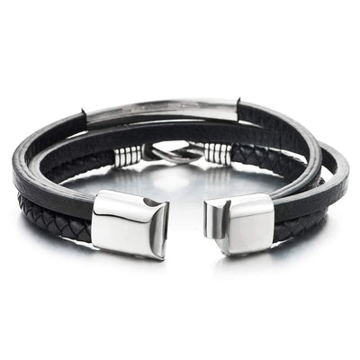 Mens Women Three-Strand ID Identification Black Leather Bracelet Bangle with Steel Love Knot Charm - coolsteelandbeyond