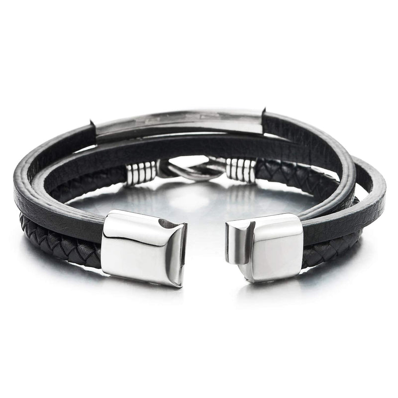 Mens Women Three-Strand ID Identification Black Leather Bracelet Bangle with Steel Love Knot Charm - coolsteelandbeyond