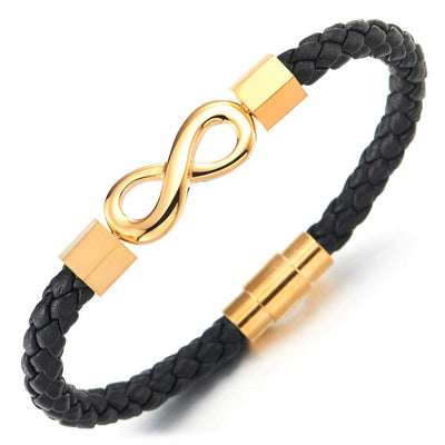 Mens Womens Black Braided Leather Bangle Bracelet Steel Gold Infinity Love Number 8, Magnetic Clasp - coolsteelandbeyond