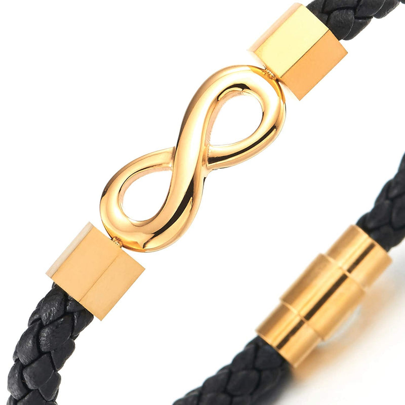 Mens Womens Black Braided Leather Bangle Bracelet Steel Gold Infinity Love Number 8, Magnetic Clasp - coolsteelandbeyond