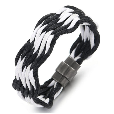 Mens Womens Sailing Marine White Black Braided Cotton Rope Bangle Bracelet with Magnetic Clasp