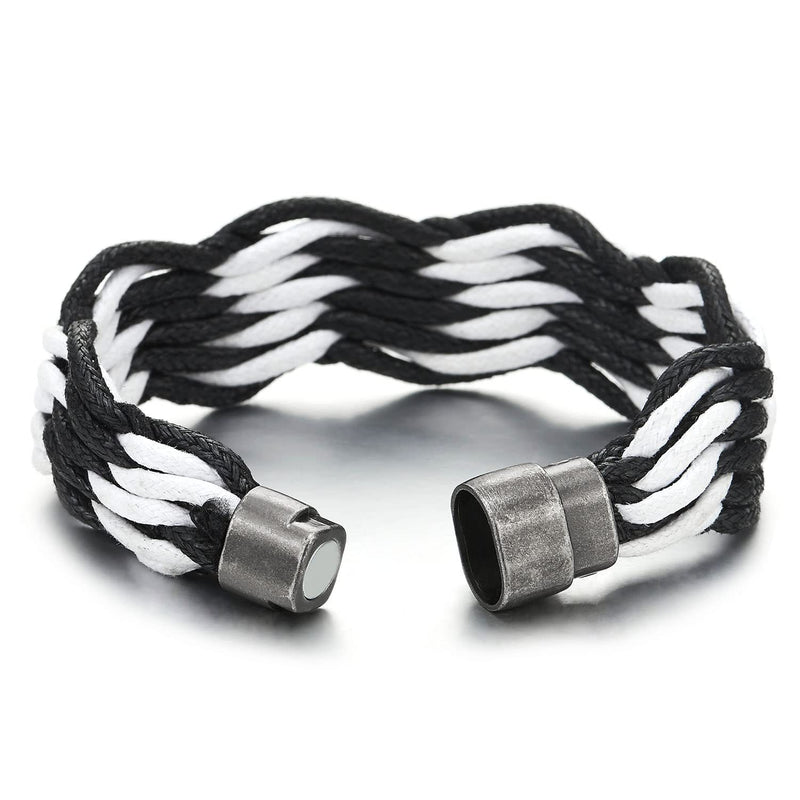 Mens Womens Sailing Marine White Black Braided Cotton Rope Bangle Bracelet with Magnetic Clasp