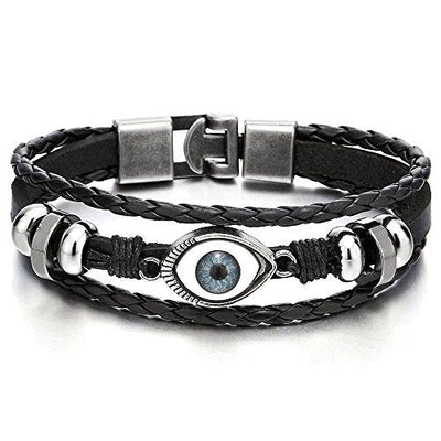 COOLSTEELANDBEYOND Mens Womens Three-Row Leather Black Evil Eye Beads Charms Bracelet Wristband Wrap Bracelet - coolsteelandbeyond