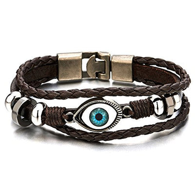 COOLSTEELANDBEYOND Mens Womens Three-Row Leather Black Evil Eye Beads Charms Bracelet Wristband Wrap Bracelet - coolsteelandbeyond