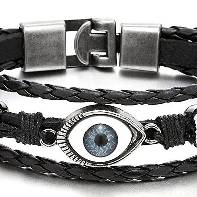 COOLSTEELANDBEYOND Mens Womens Three-Row Leather Black Evil Eye Beads Charms Bracelet Wristband Wrap Bracelet - coolsteelandbeyond