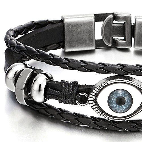 COOLSTEELANDBEYOND Mens Womens Three-Row Leather Black Evil Eye Beads Charms Bracelet Wristband Wrap Bracelet - coolsteelandbeyond