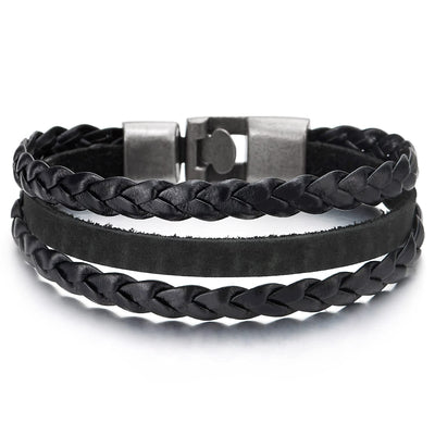 Mens Womens Three Strands Braided Black Leather Bangle Bracelet with Hook Buckle Clasp - COOLSTEELANDBEYOND Jewelry