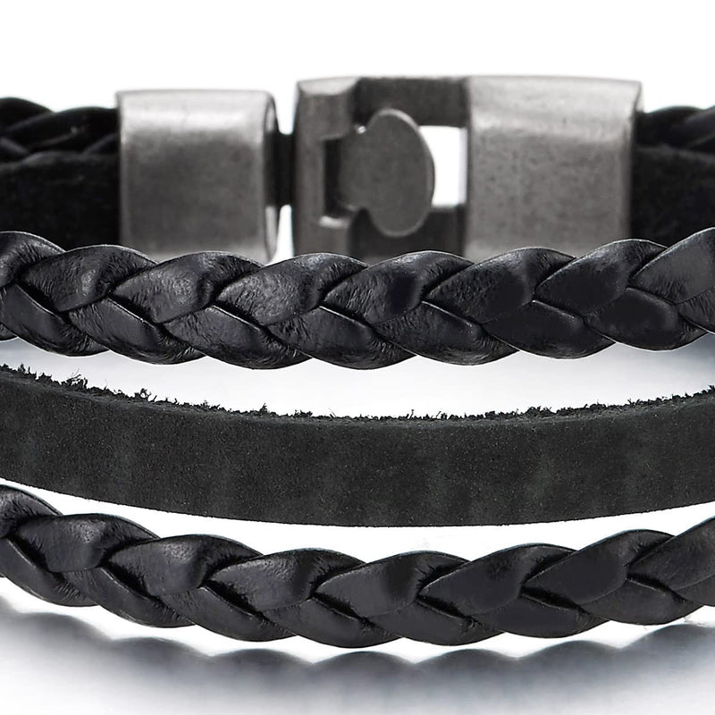 Mens Womens Three Strands Braided Black Leather Bangle Bracelet with Hook Buckle Clasp - COOLSTEELANDBEYOND Jewelry