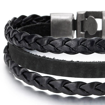 Mens Womens Three Strands Braided Black Leather Bangle Bracelet with Hook Buckle Clasp - COOLSTEELANDBEYOND Jewelry