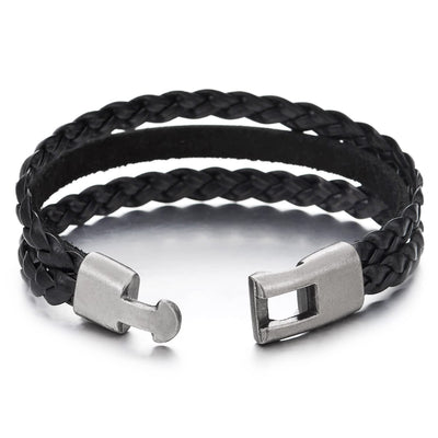 Mens Womens Three Strands Braided Black Leather Bangle Bracelet with Hook Buckle Clasp - COOLSTEELANDBEYOND Jewelry