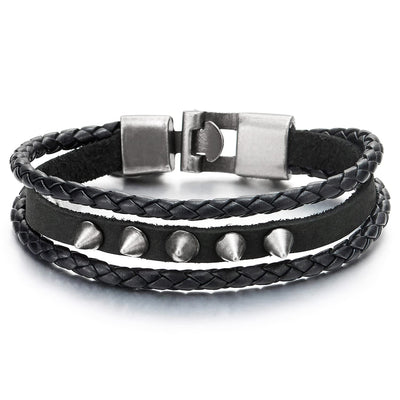 Mens Womens Three Strands Braided Black Leather Bangle Bracelet with Rivets Hook Buckle Clasp