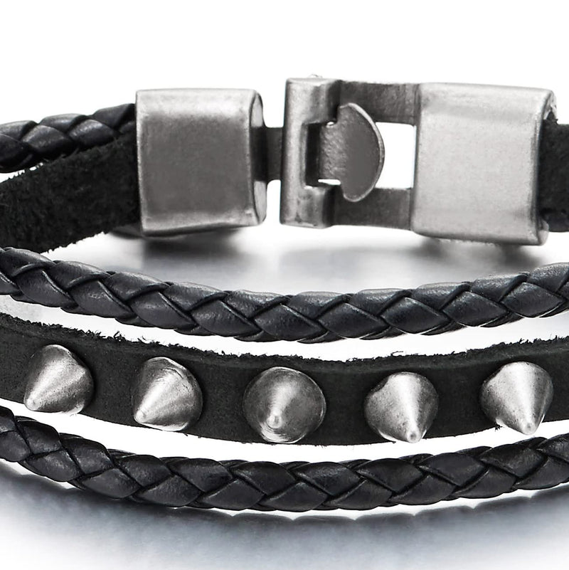 Mens Womens Three Strands Braided Black Leather Bangle Bracelet with Rivets Hook Buckle Clasp
