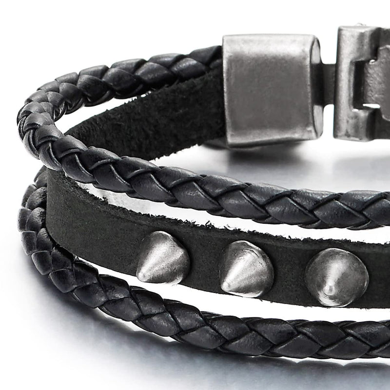 Mens Womens Three Strands Braided Black Leather Bangle Bracelet with Rivets Hook Buckle Clasp